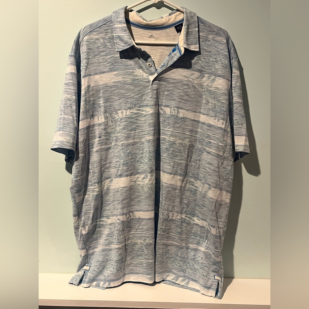 Tommy Bahama Men’s White Baby Blue Polo Palm Trees Pima Cotton, Size XL
